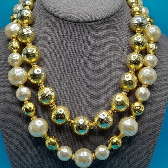Mid-Century Two Strand Large Bead Necklace, Faux Pearls, Gold Globe Beads, 18 In - Picture 2 of 11